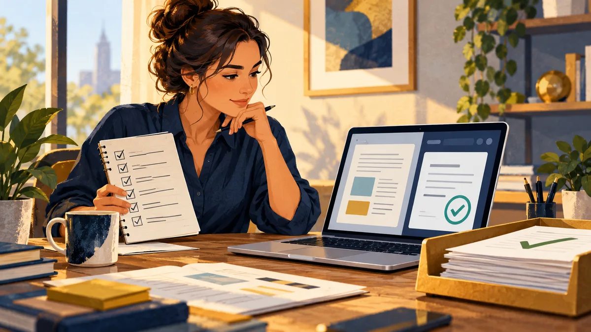 Illustration of a business owner reviewing AI-assisted documents beside an approval checklist