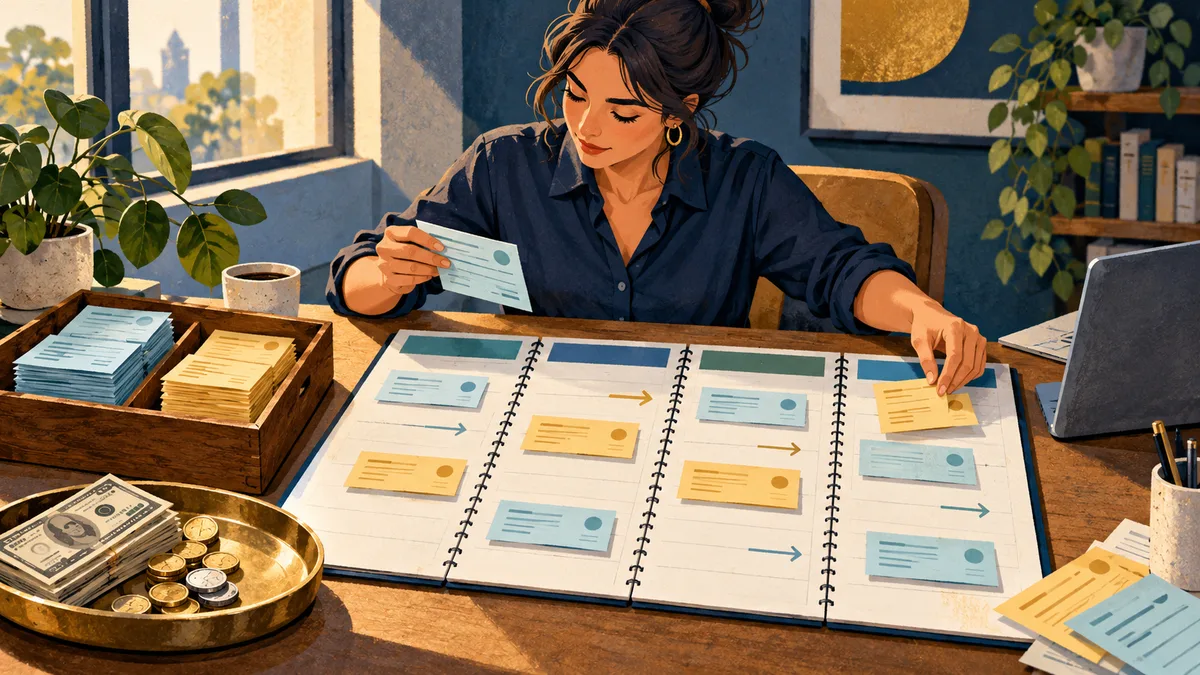 Illustration of incoming and outgoing invoices arranged across a weekly cash planner
