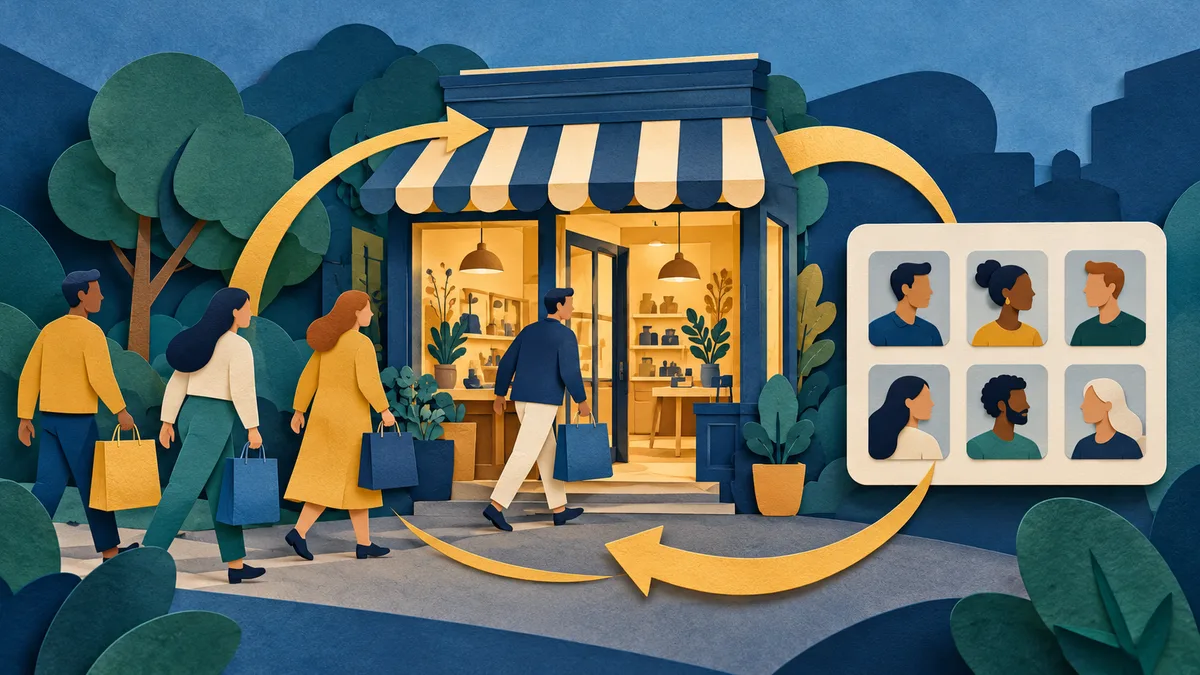 Illustration of customers returning to a storefront beside a cohort grid