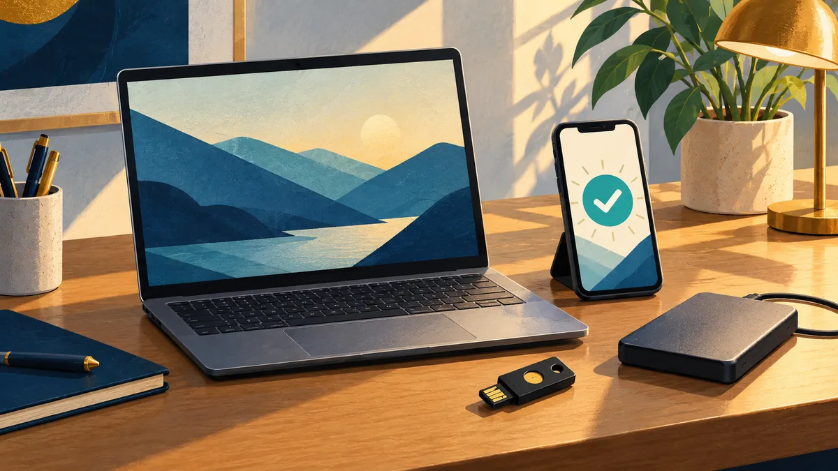 Illustration of a laptop protected by a security key, phone approval, and backup drive