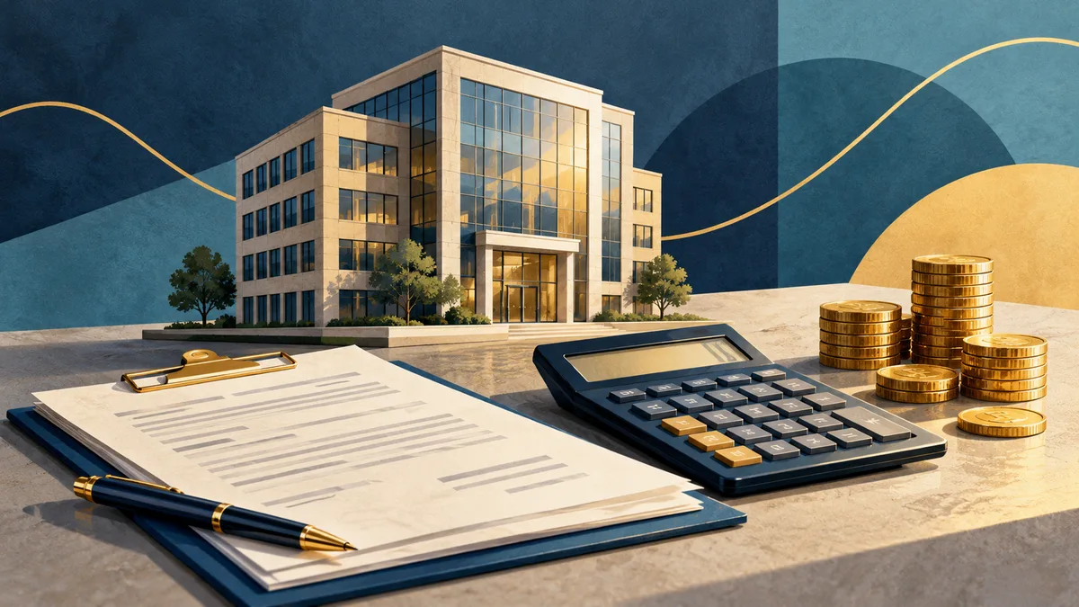 Illustration of a calculator, commercial building model, coins, and loan documents