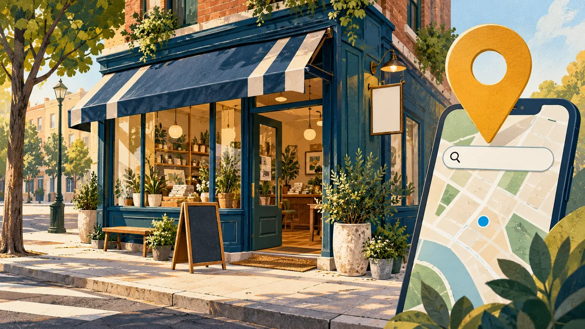 Illustration of a neighborhood storefront beside a map pin and mobile search panel