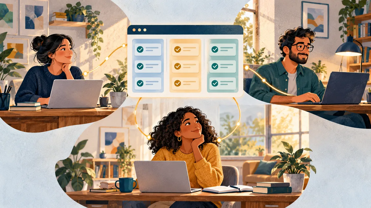Illustration of three remote coworkers sharing a project board across separate workspaces