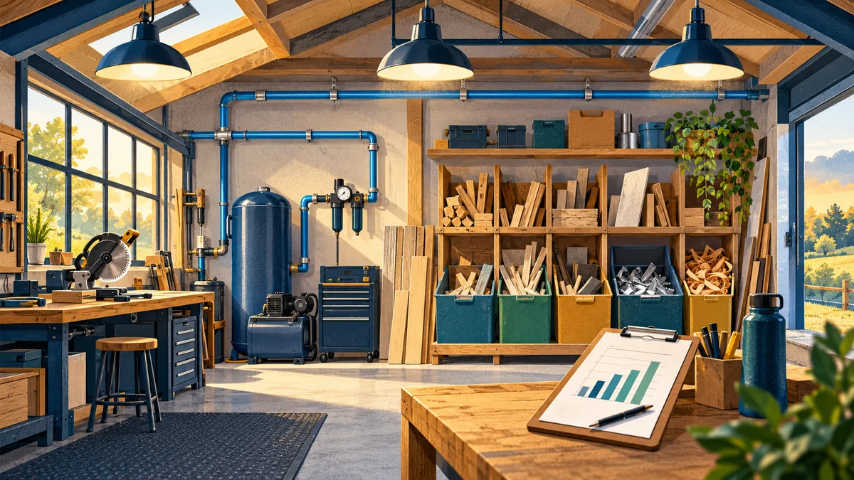 Illustration of an efficient workshop with lighting, compressed-air pipes, and sorted material offcuts